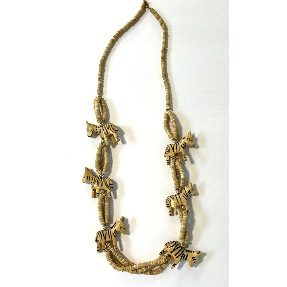 VTG Zebra Necklace Bovine Bone Hand-Carved Painted Safari Beaded Multi-Strand
